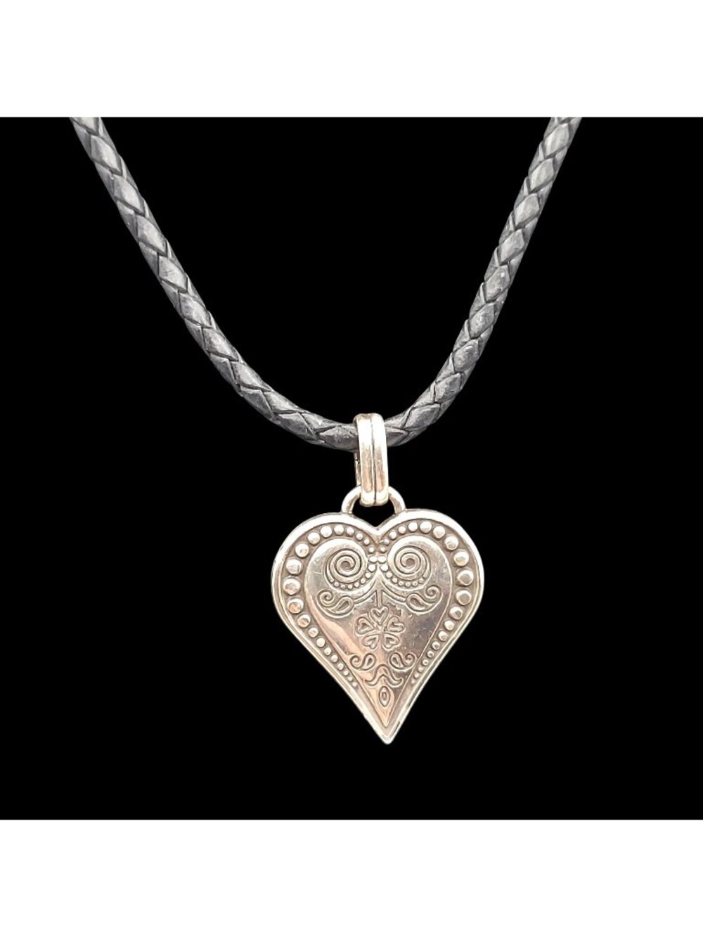 Brighton Ophelia Heart Necklace Silver Plated Leather Braided Cord W/ Gift Bag